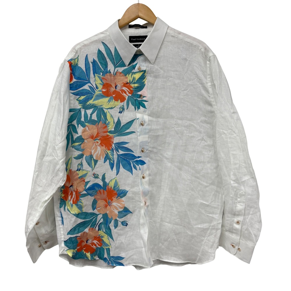 Paul Fredrick Mens XL White Pure Linen Floral Graphic Button Down Shirt Classic